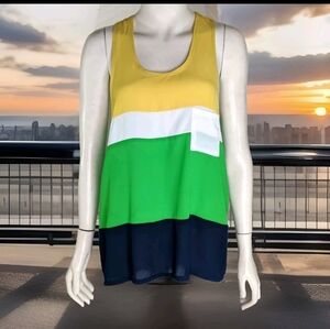 Vtg Top Y2K Sleeveless M Color Block  Chiffon Yellow Green Blue White Preppy